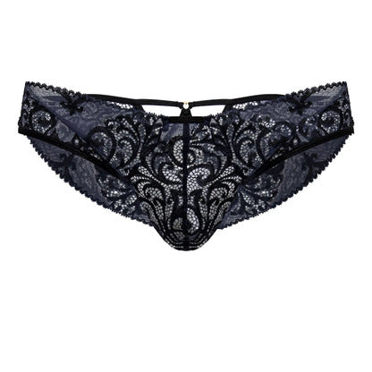 Black and navy Candyman 99830 lace briefs with intricate floral patterns and a central zipper closure front view