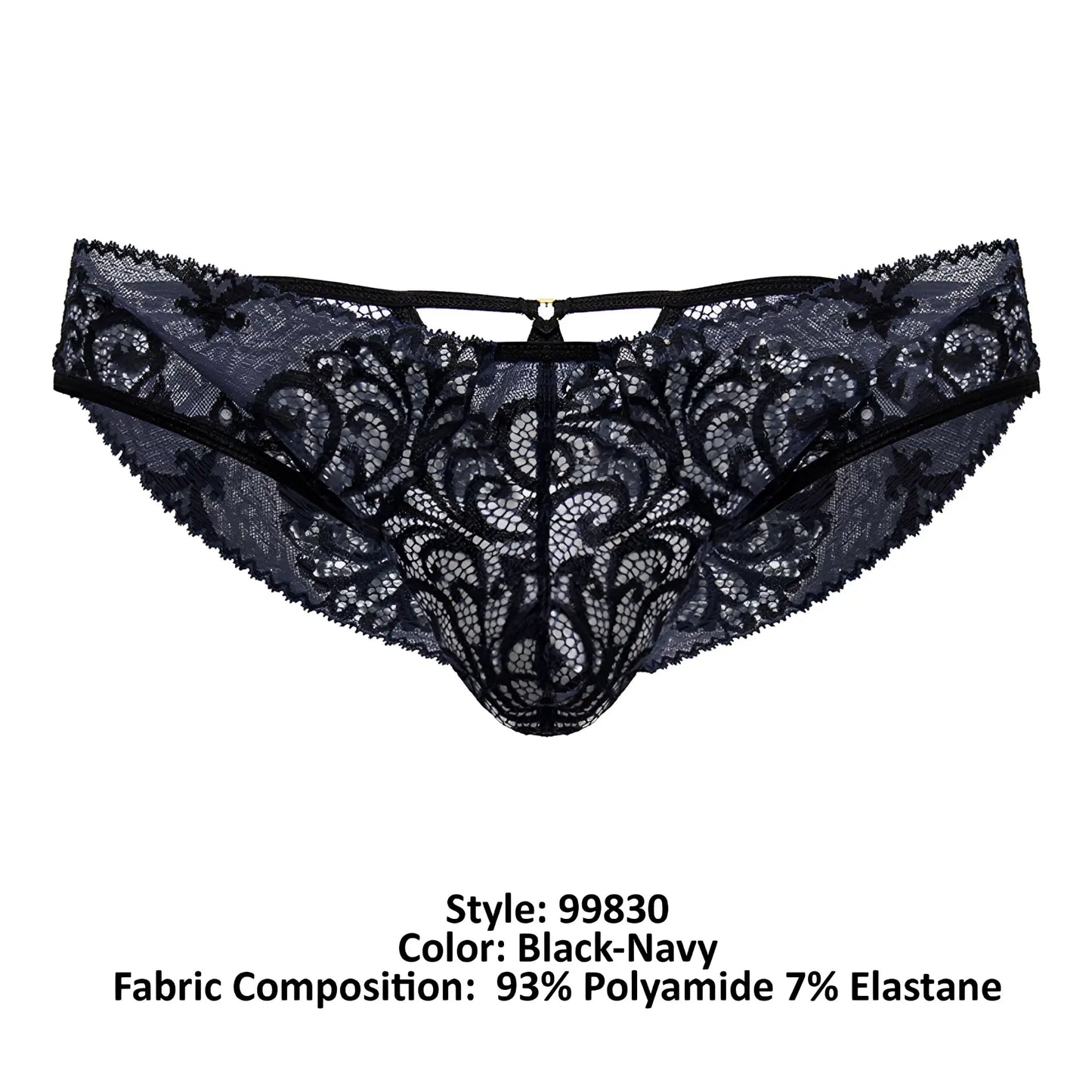 Black-navy CandyMan 99830 lace thong with intricate floral patterns and a central clasp detail