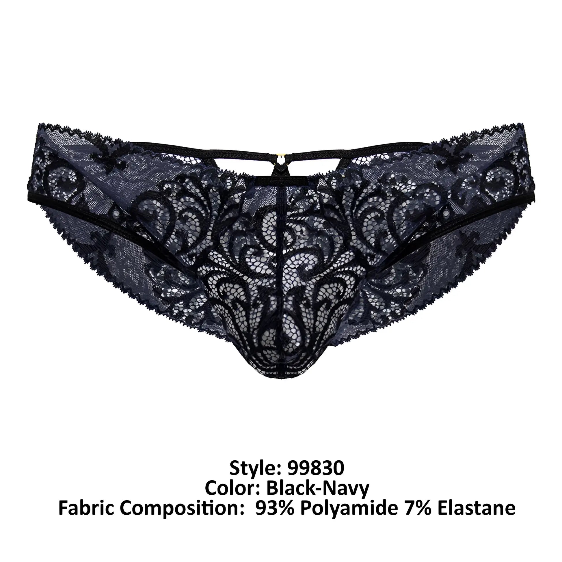 Black-navy CandyMan 99830 lace thong with intricate floral patterns and a central clasp detail