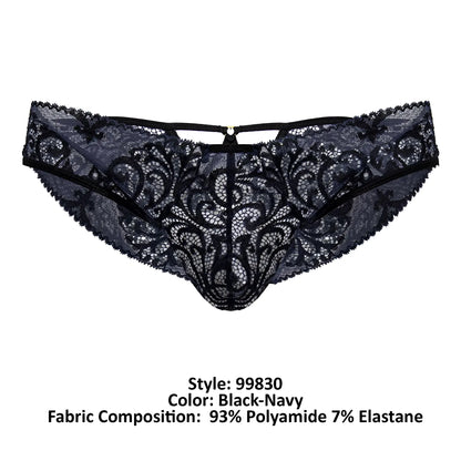Black-navy CandyMan 99830 lace thong with intricate floral patterns and a central clasp detail