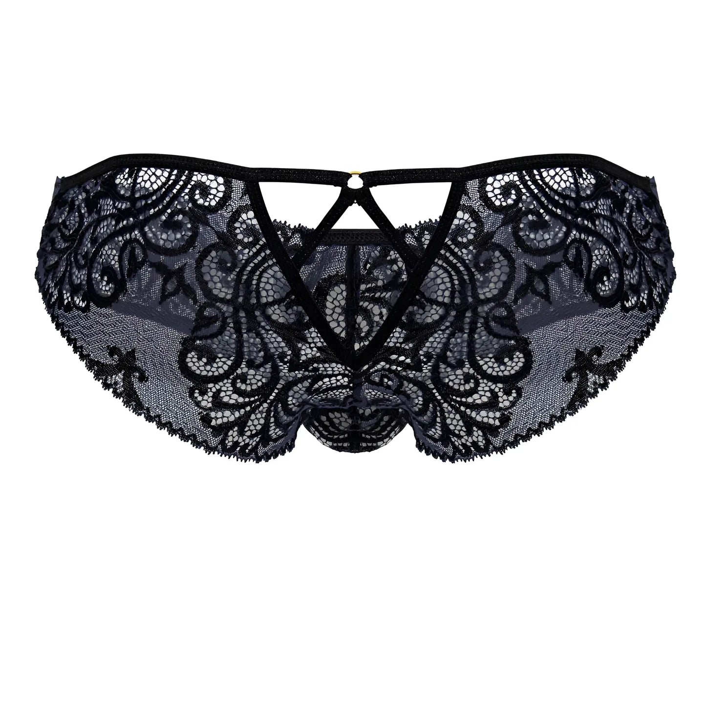 Black candyMan 99830 lace briefs featuring intricate floral patterns and a central triangular cutout design