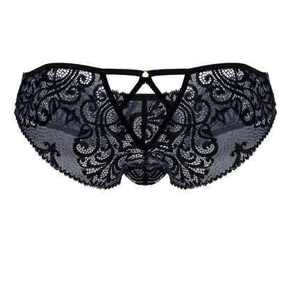 Black candyMan 99830 lace briefs featuring intricate floral patterns and a central triangular cutout design