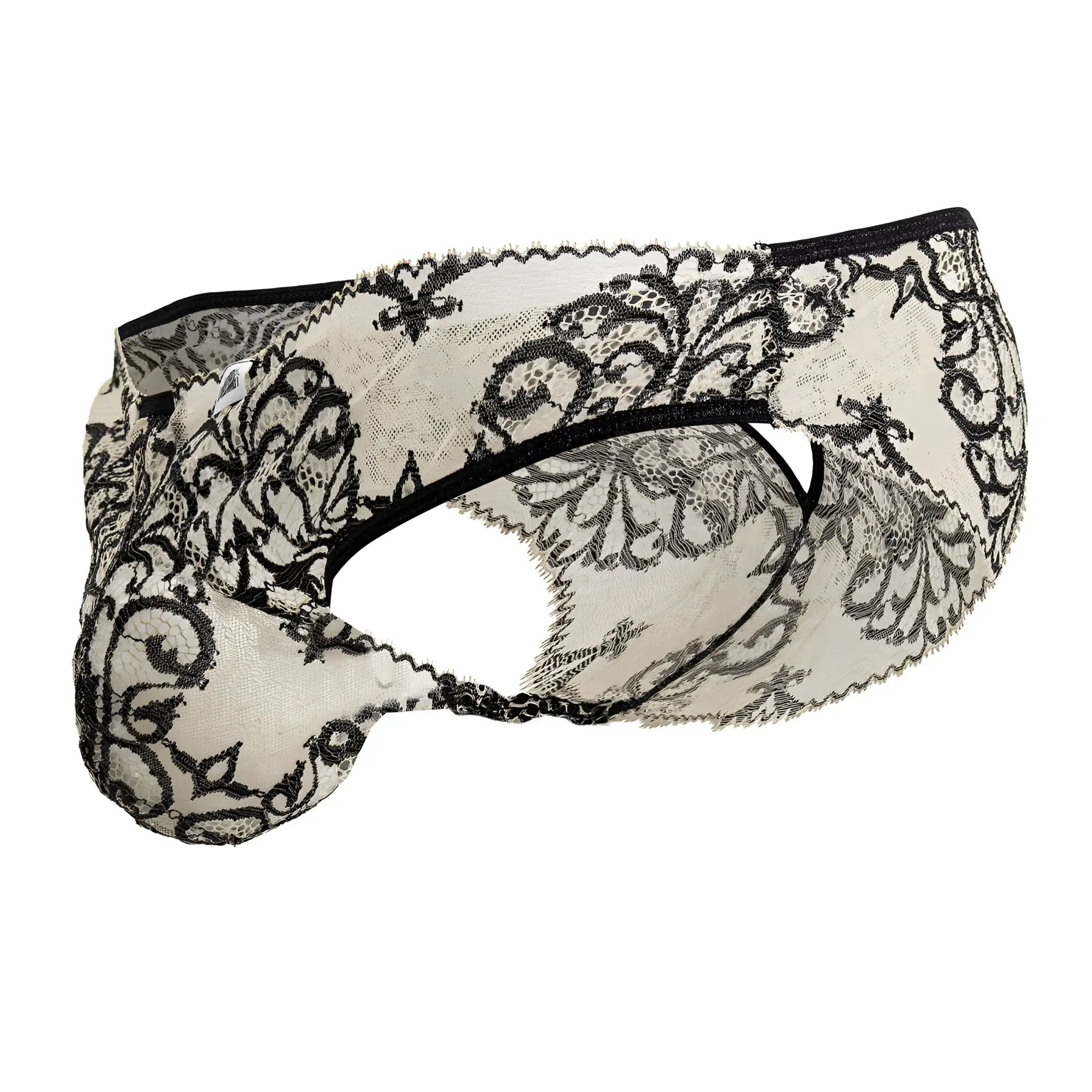 Candyman 99830 lace briefs in nude and black feature intricate floral lace patterns in a men’s underwear design