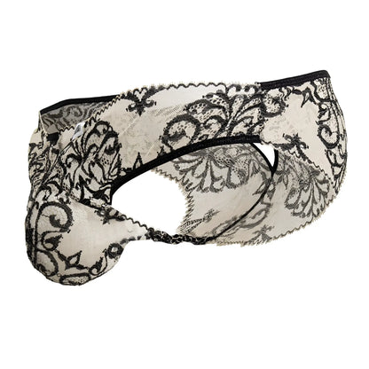 Candyman 99830 lace briefs in nude and black feature intricate floral lace patterns in a men’s underwear design