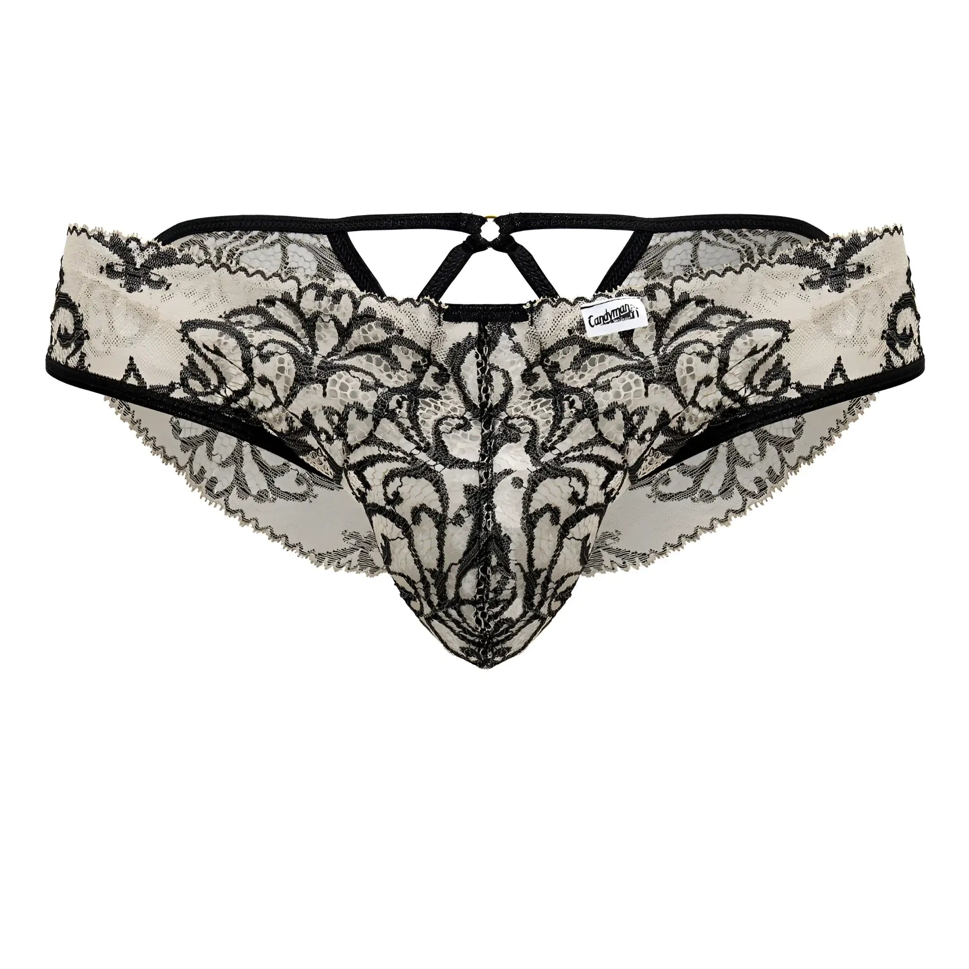 Black and cream lace thong with intricate floral patterns from Candyman 99830 lace briefs in nude black color