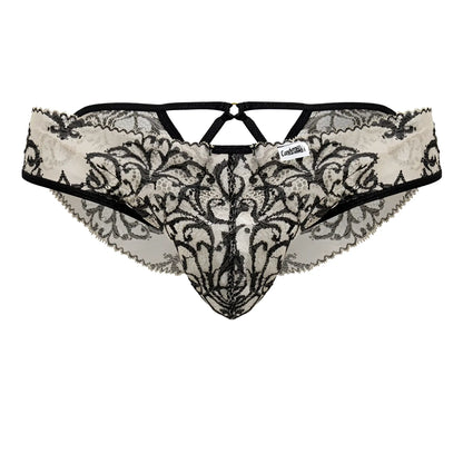 Black and cream lace thong with intricate floral patterns from Candyman 99830 lace briefs in nude black color