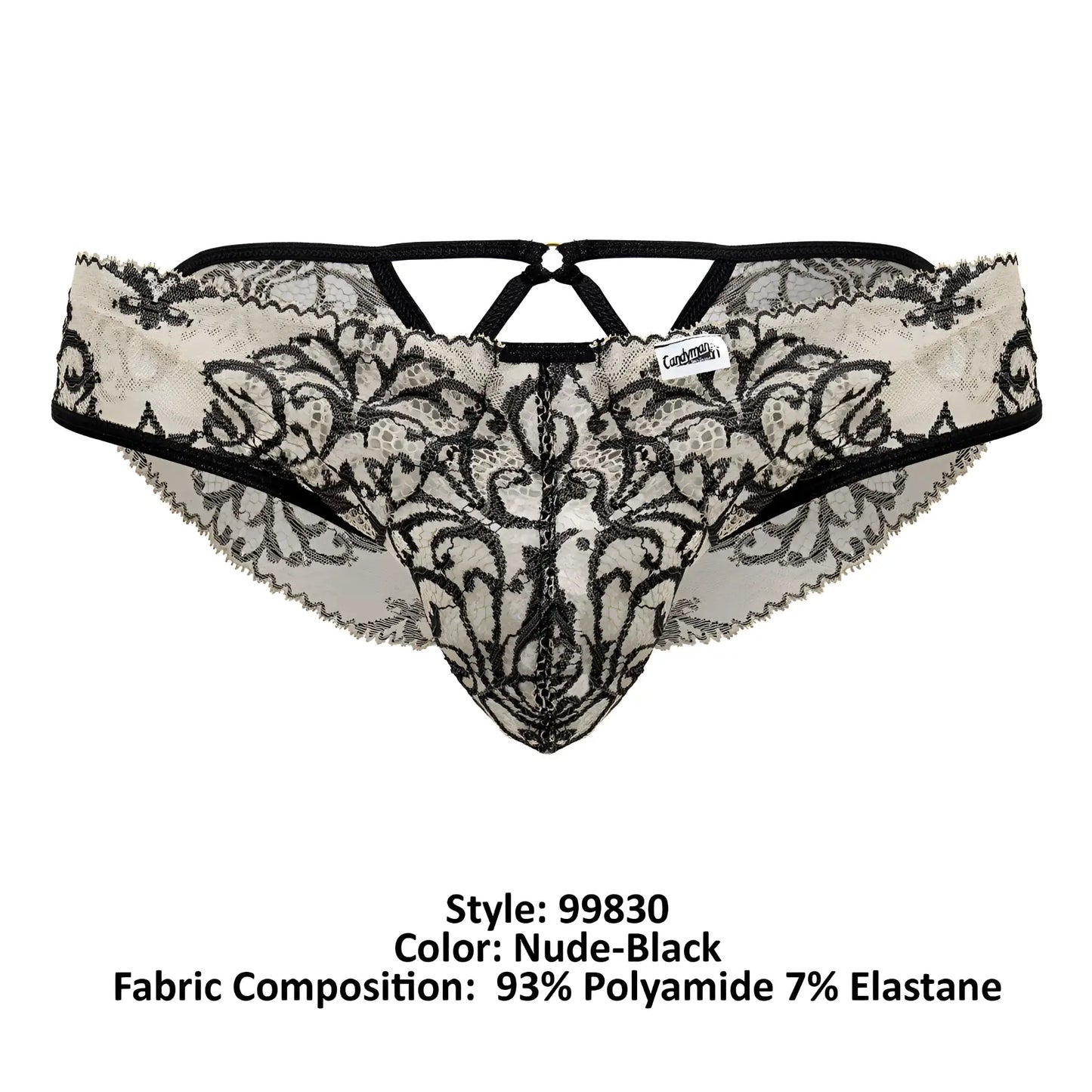 Black and nude lace thong with intricate floral patterns from candyman 99830 lace briefs collection