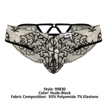 Black and nude lace thong with intricate floral patterns from candyman 99830 lace briefs collection