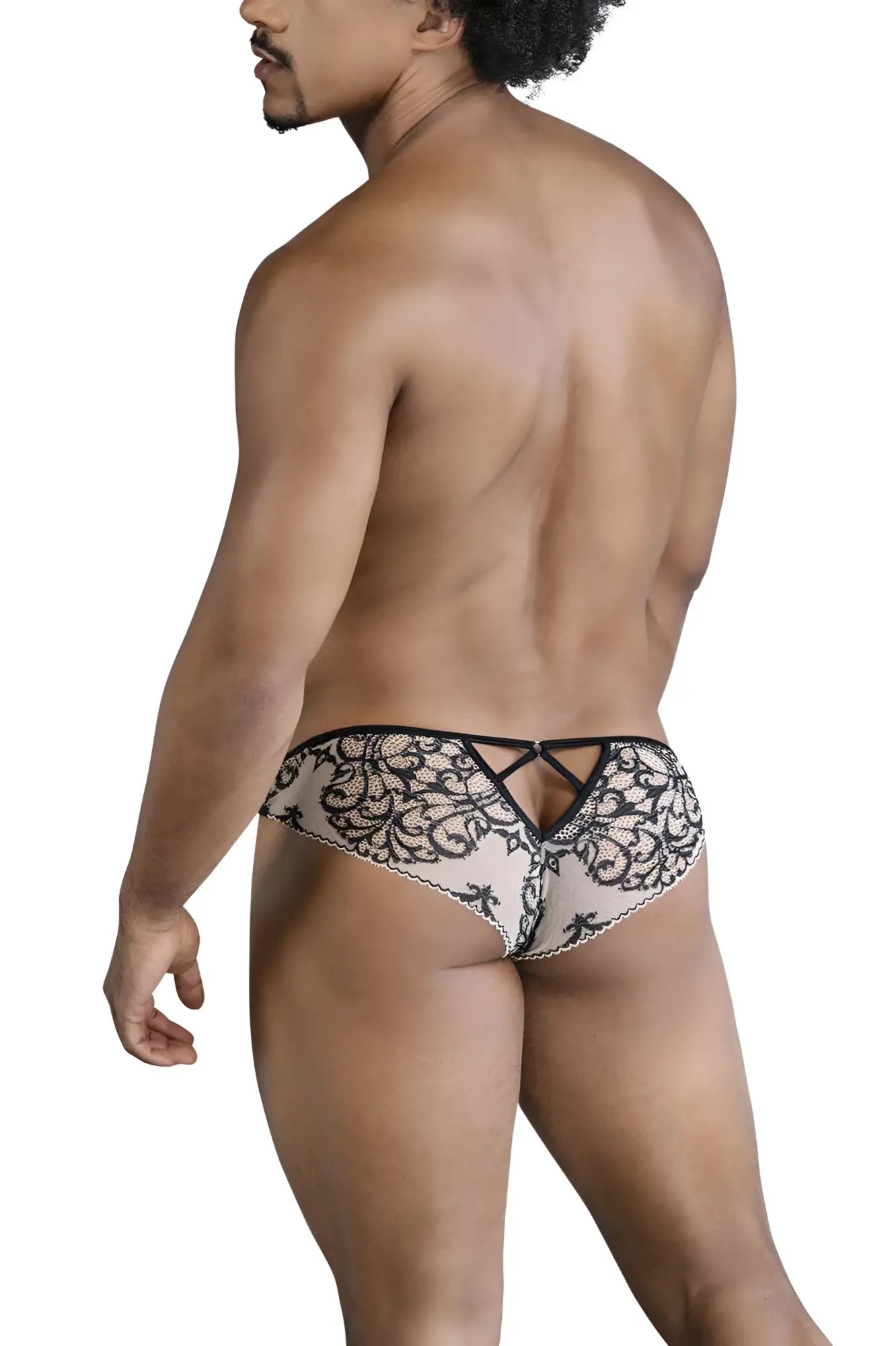 Black lace thong candyMan 99830 in nude-black with intricate floral patterns and back tie design shown from the back