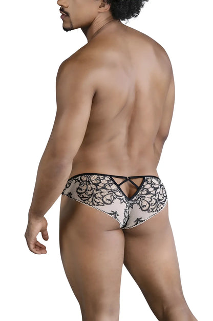 Black lace thong candyMan 99830 in nude-black with intricate floral patterns and back tie design shown from the back