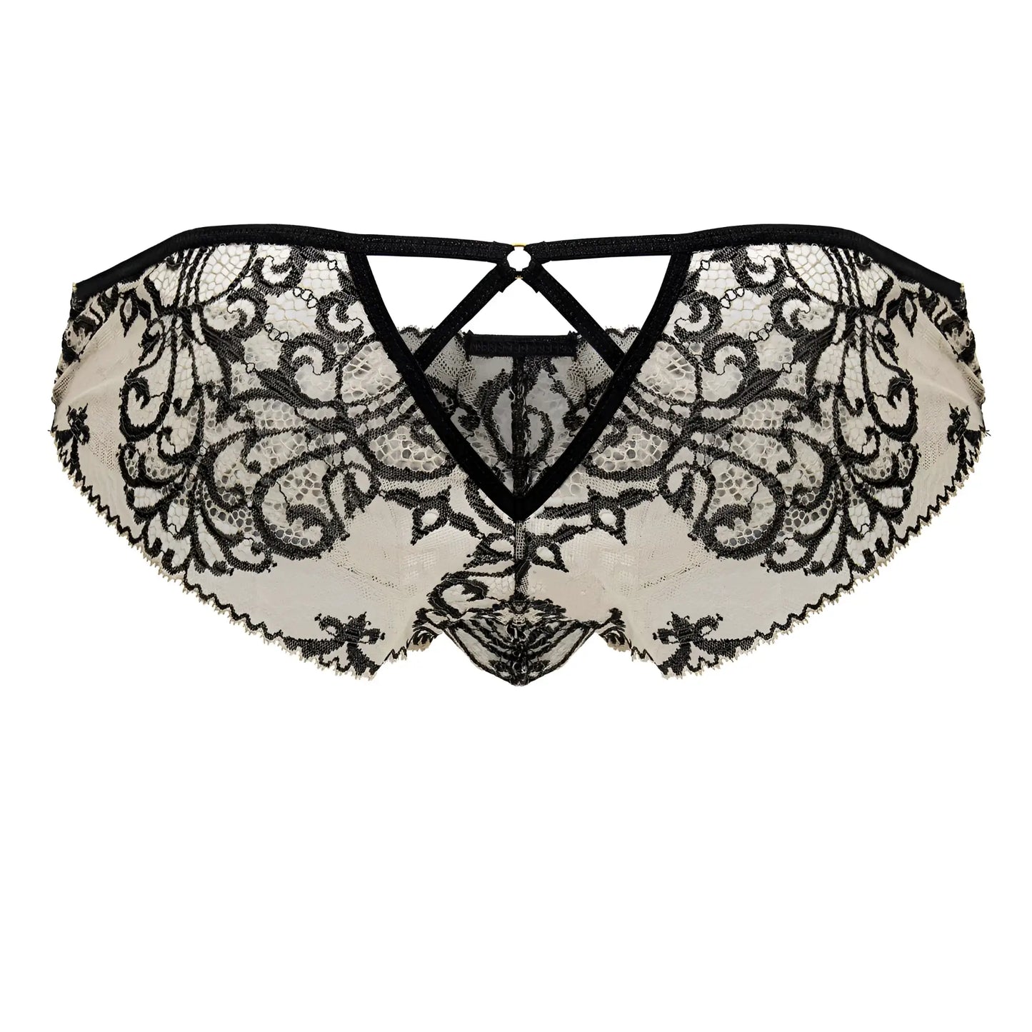 CandyMan 99830 lace briefs in nude-black with intricate black floral lace on sheer off-white fabric