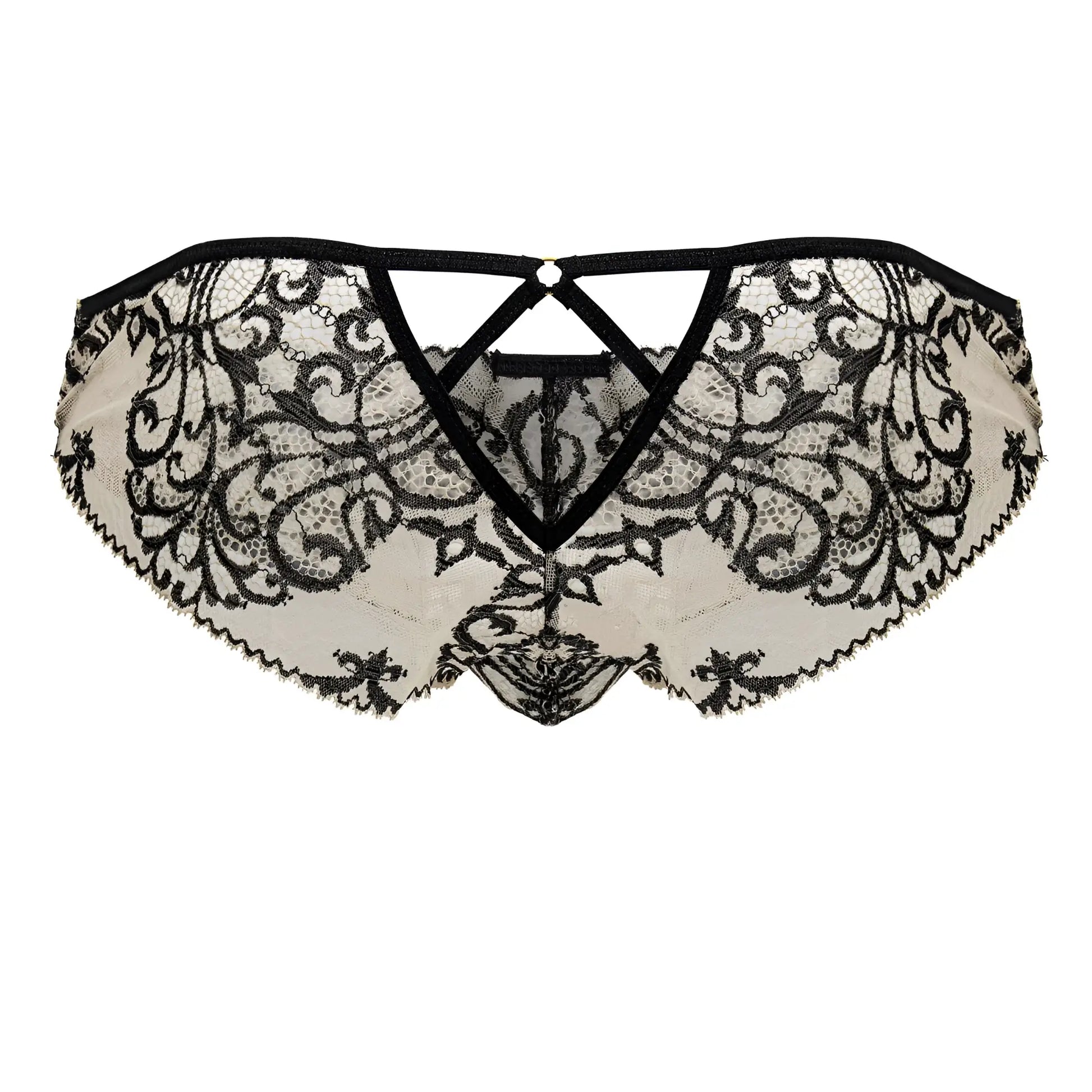 CandyMan 99830 lace briefs in nude-black with intricate black floral lace on sheer off-white fabric