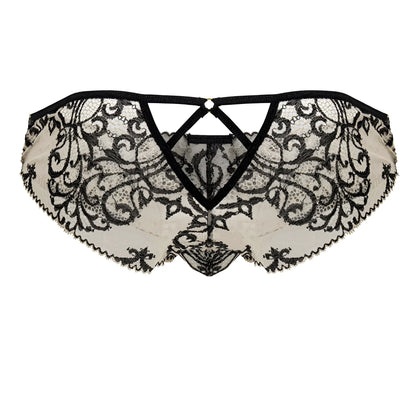 CandyMan 99830 lace briefs in nude-black with intricate black floral lace on sheer off-white fabric