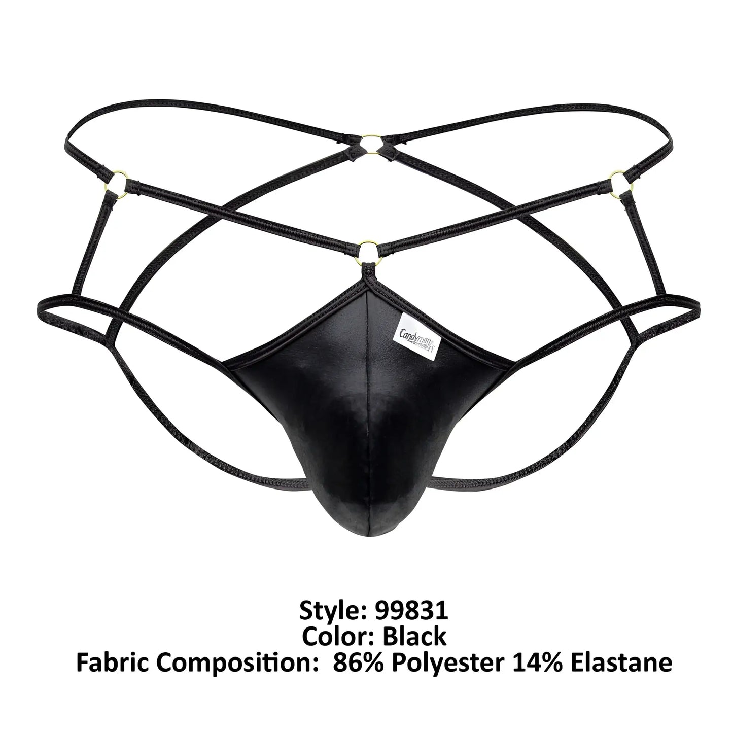 Black leather-like men’s thong with crisscrossing elastic straps and central panel candy man 99831 cage jockstrap