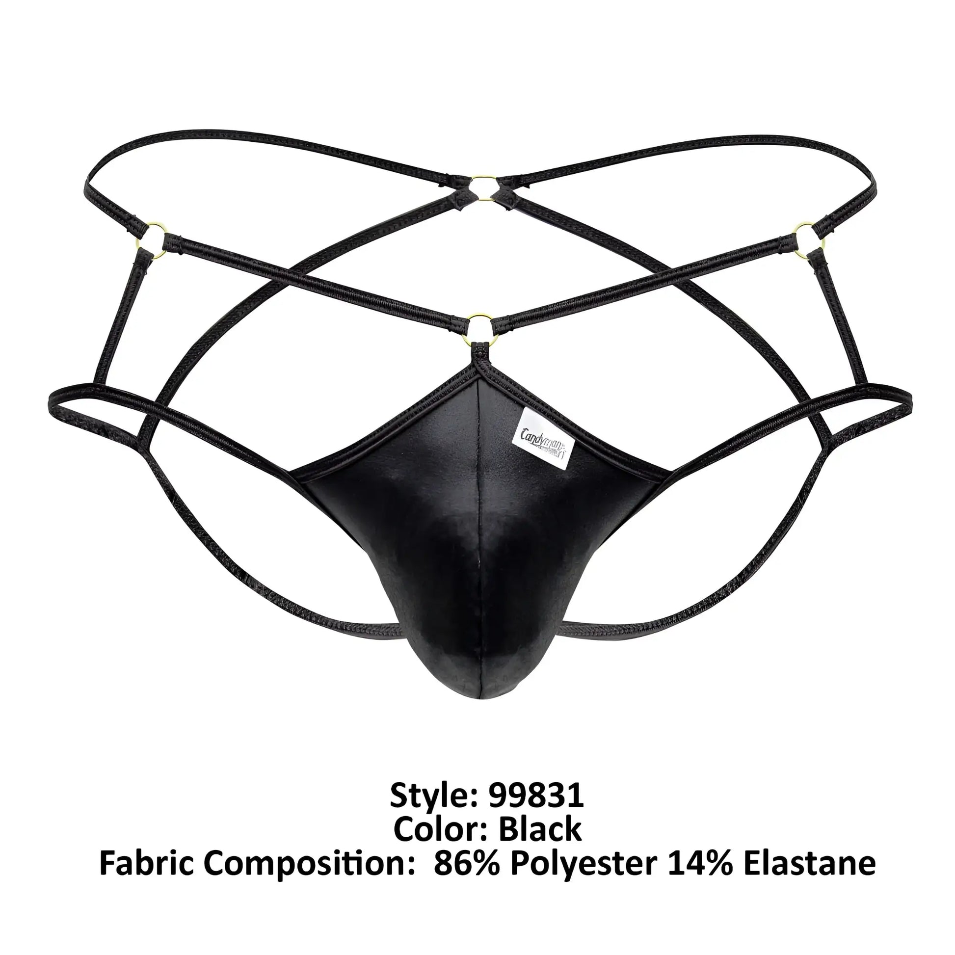 Black leather-like men’s thong with crisscrossing elastic straps and central panel candy man 99831 cage jockstrap