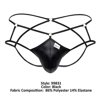 Black leather-like men’s thong with crisscrossing elastic straps and central panel candy man 99831 cage jockstrap