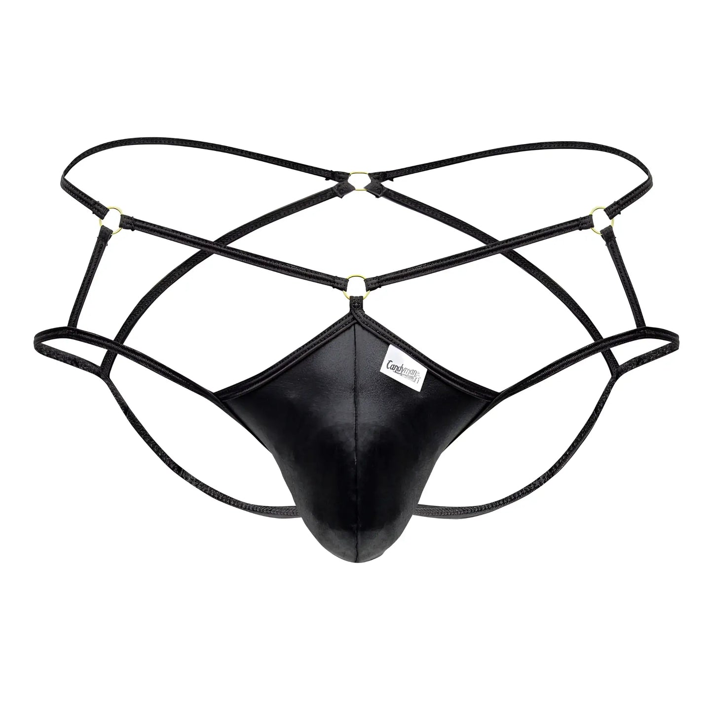Black leathery mens thong with crisscrossing straps and metallic hardware candy man 99831 cage jockstrap black