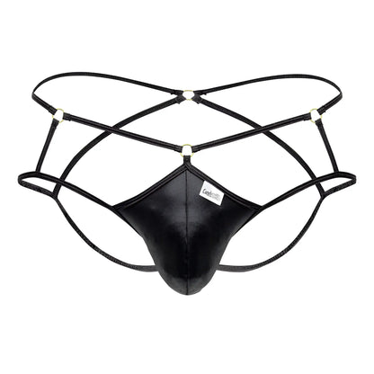 Black leathery mens thong with crisscrossing straps and metallic hardware candy man 99831 cage jockstrap black