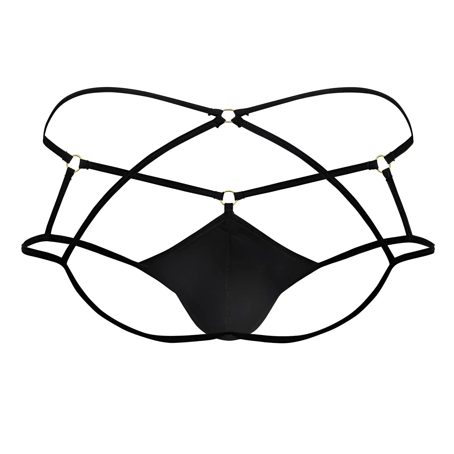 CandyMan 99831 cage jockstrap in black satin fabric with crisscross elastic straps and gold-toned metal clasps