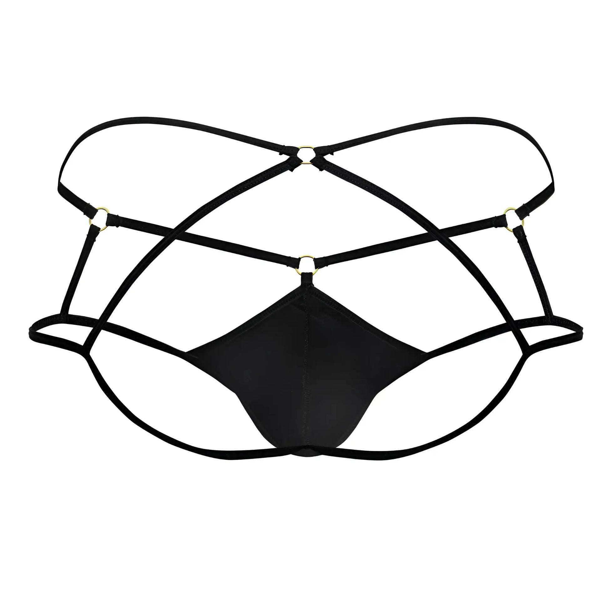 CandyMan 99831 cage jockstrap in black satin fabric with crisscross elastic straps and gold-toned metal clasps
