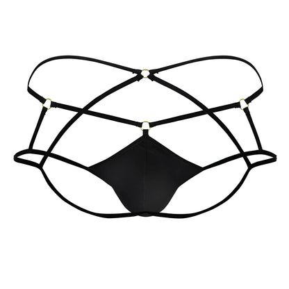 CandyMan 99831 cage jockstrap in black satin fabric with crisscross elastic straps and gold-toned metal clasps