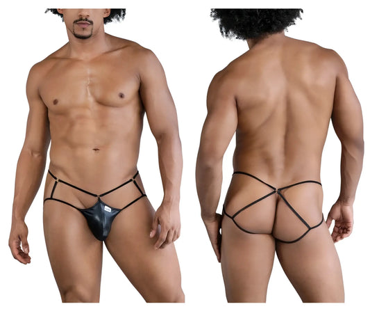 Back view of candyman 99831 cage jockstrap in black shiny latex with black elastic crisscross straps
