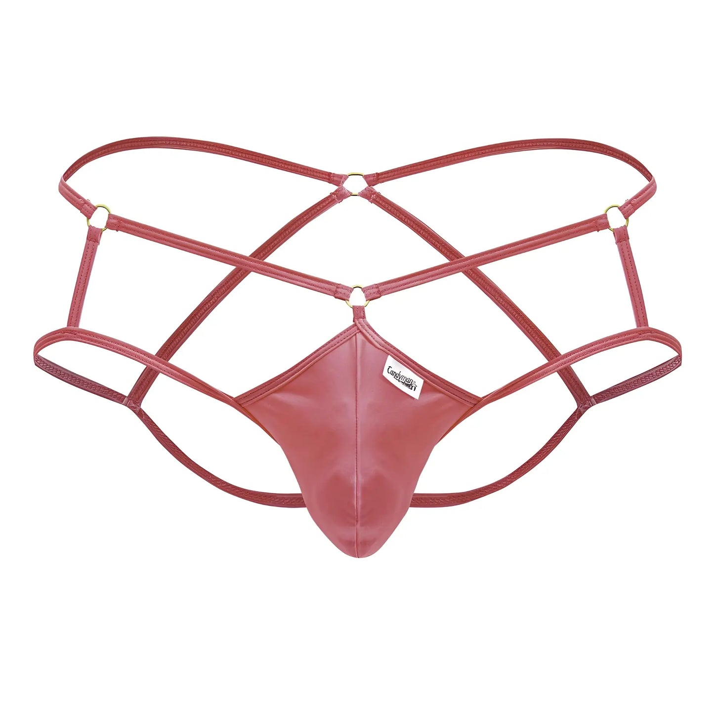 CandyMan 99831 cage jockstrap in hot pink red patent leather with crisscross straps and central panel