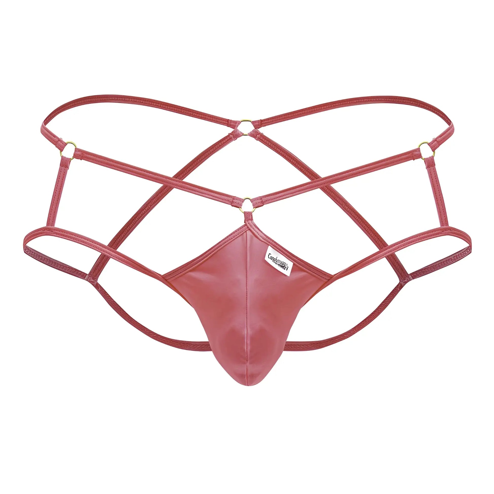 CandyMan 99831 cage jockstrap in hot pink red patent leather with crisscross straps and central panel