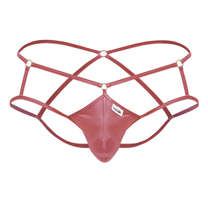 CandyMan 99831 cage jockstrap in hot pink red patent leather with crisscross straps and central panel