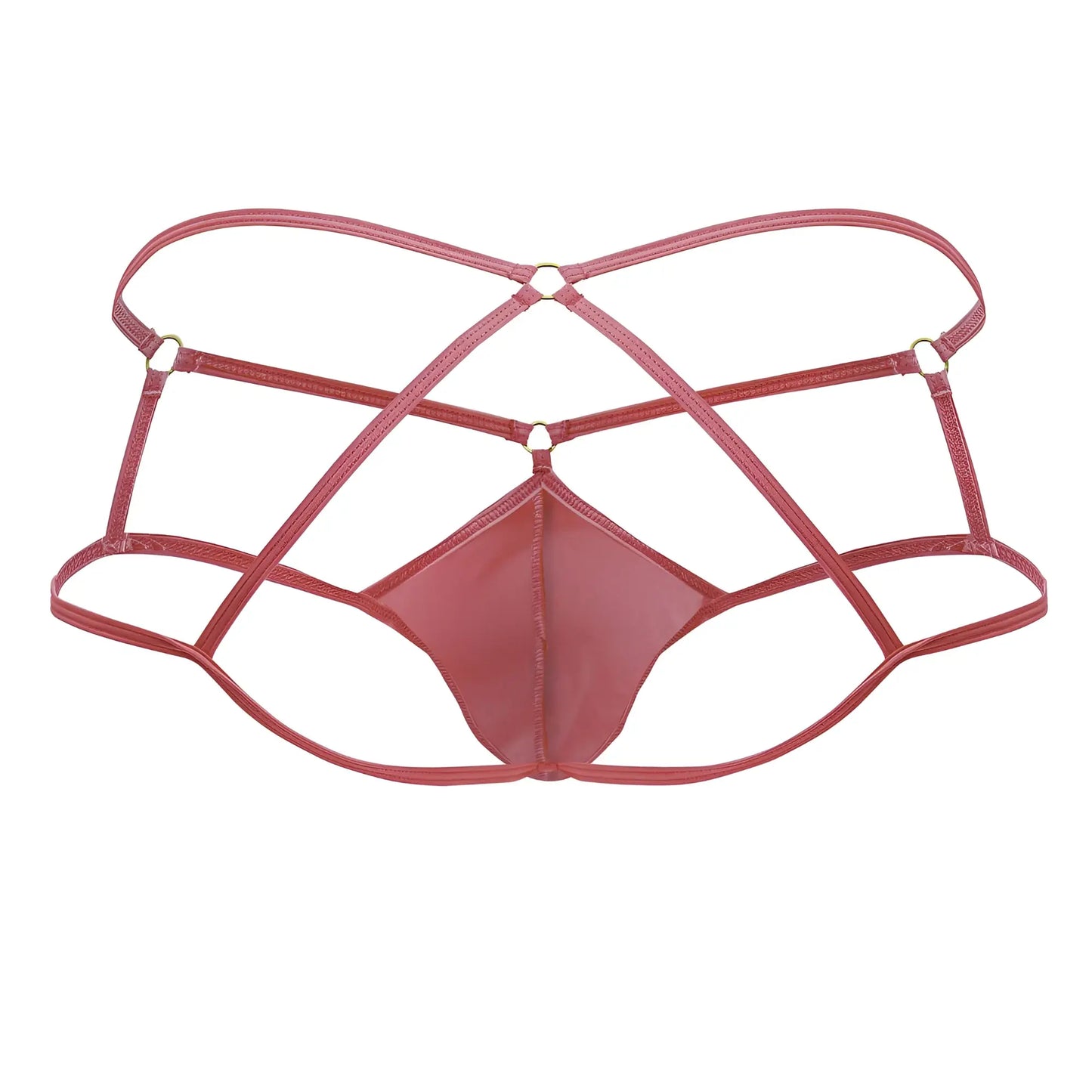 A sleek rose-colored latex thong with a crisscross strap design candy man 99831 cage jockstrap hot pink