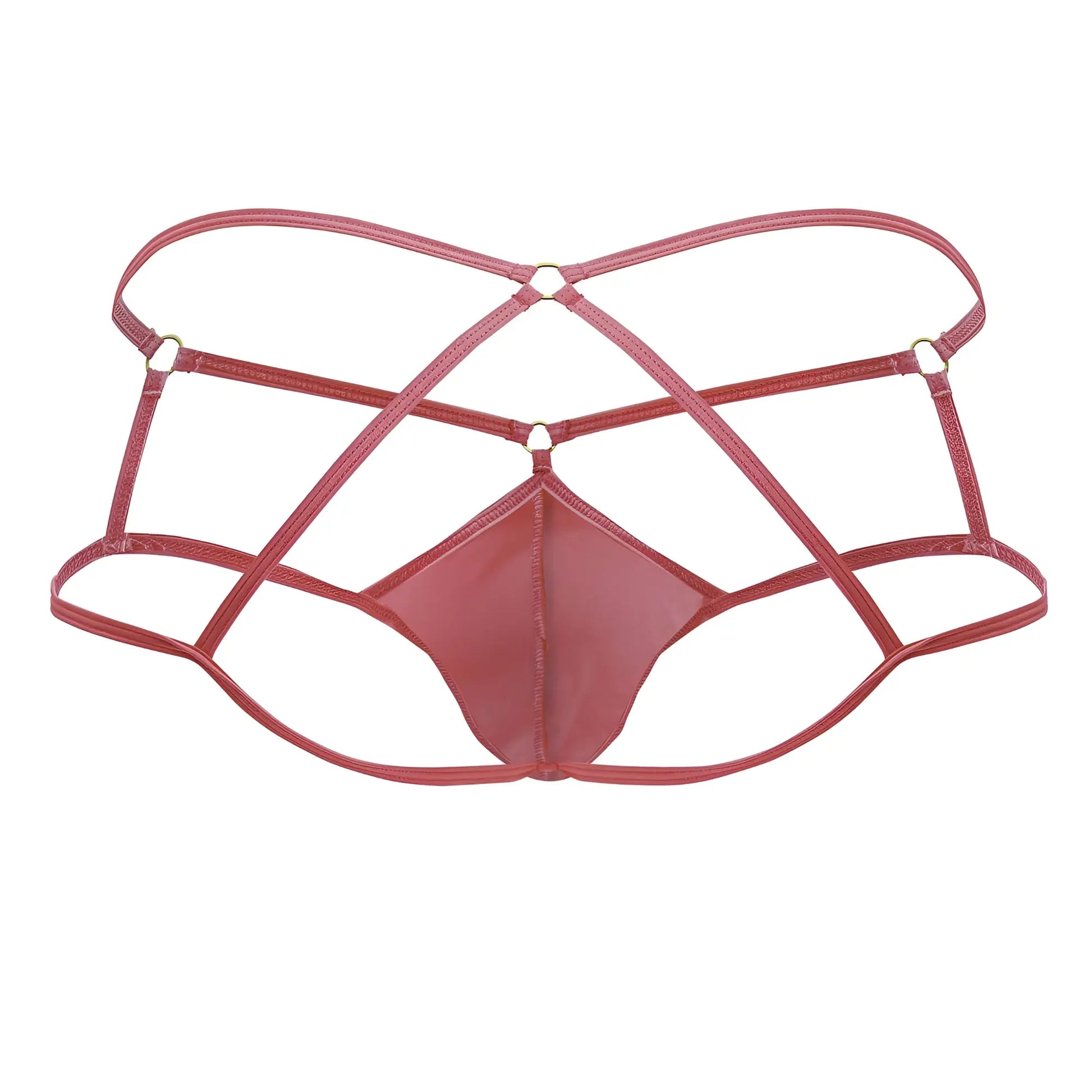 A sleek rose-colored latex thong with a crisscross strap design candy man 99831 cage jockstrap hot pink