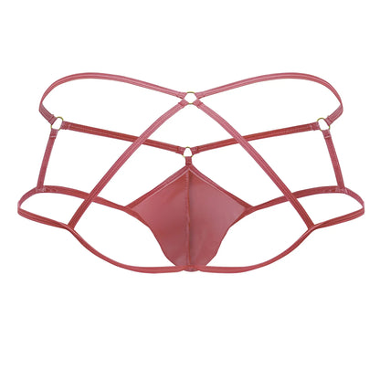 A sleek rose-colored latex thong with a crisscross strap design candy man 99831 cage jockstrap hot pink