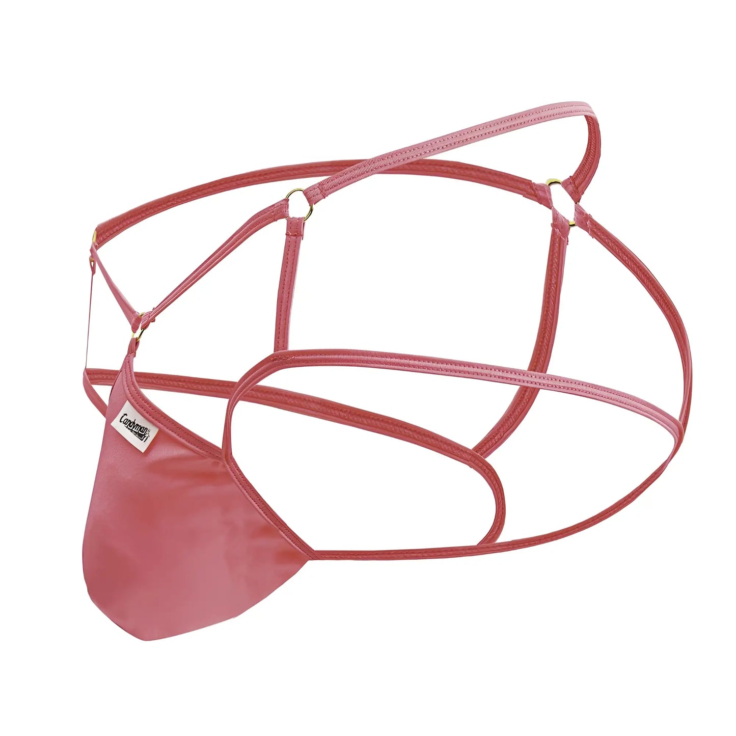 A sleek rose-colored leather-like candyMan 99831 cage jockstrap with minimalist design and adjustable straps