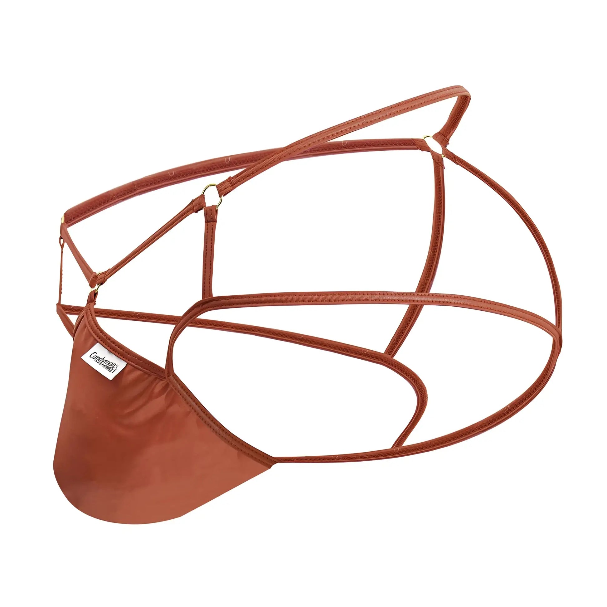 Brown leather-like strappy men’s thong with central pouch and crisscrossing straps CandyMan 99831 Cage Jockstrap red