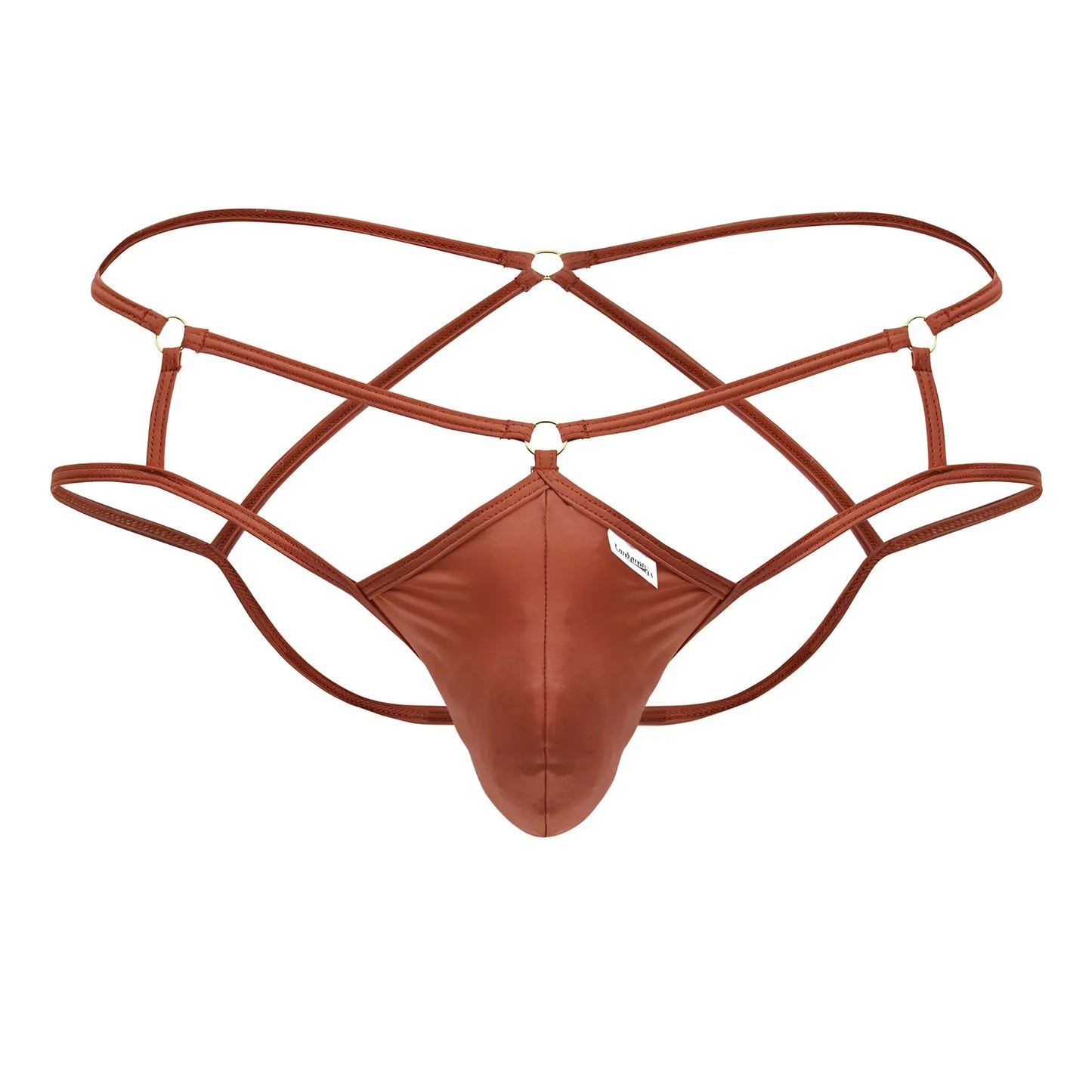 Brown satin-like thong with crisscross straps and metallic rings in candyman 99831 cage jockstrap red color