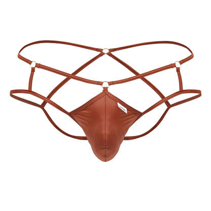 Brown satin-like thong with crisscross straps and metallic rings in candyman 99831 cage jockstrap red color