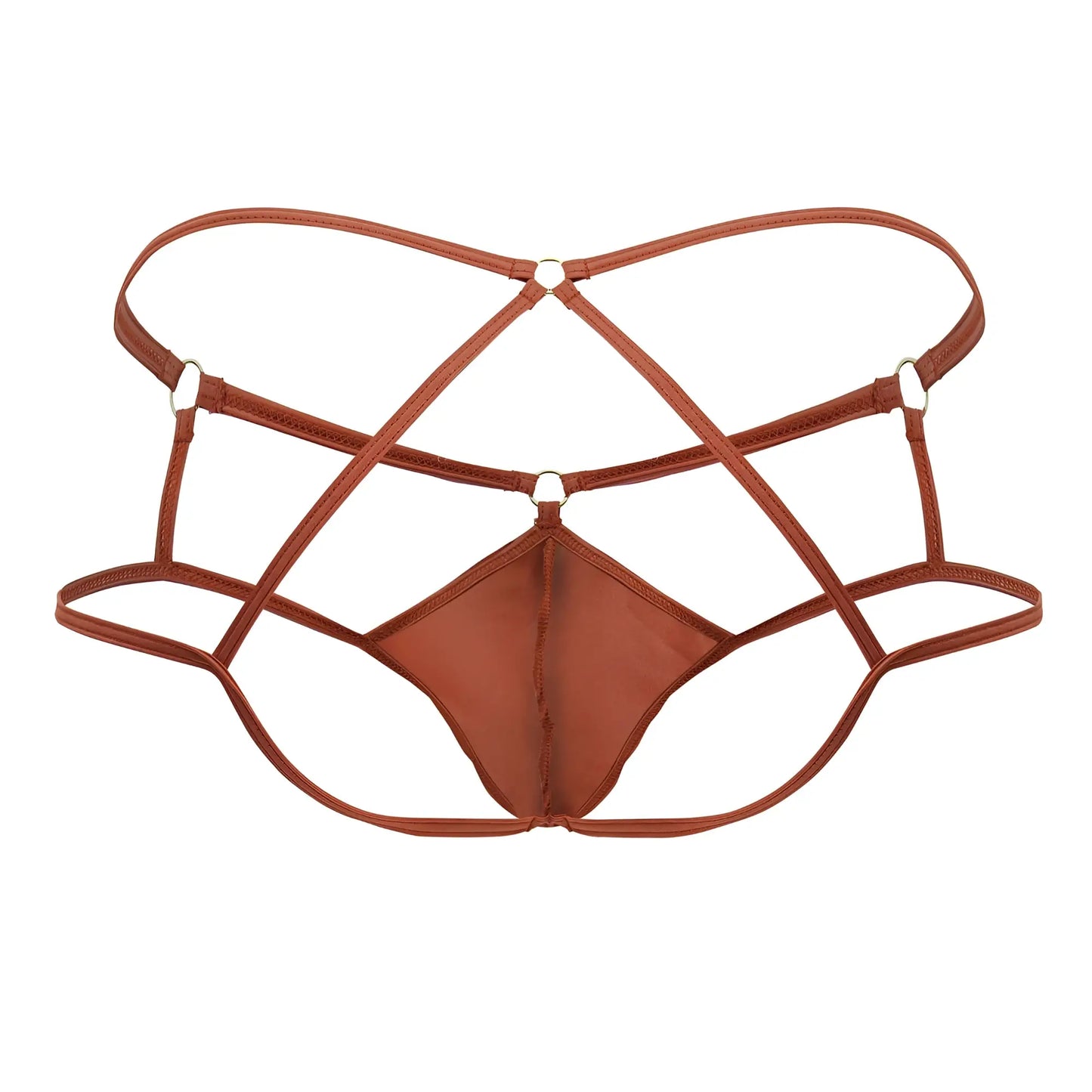 Brown strappy lace-up thong with crisscross design and metallic hardware from candyman 99831 cage jockstrap red