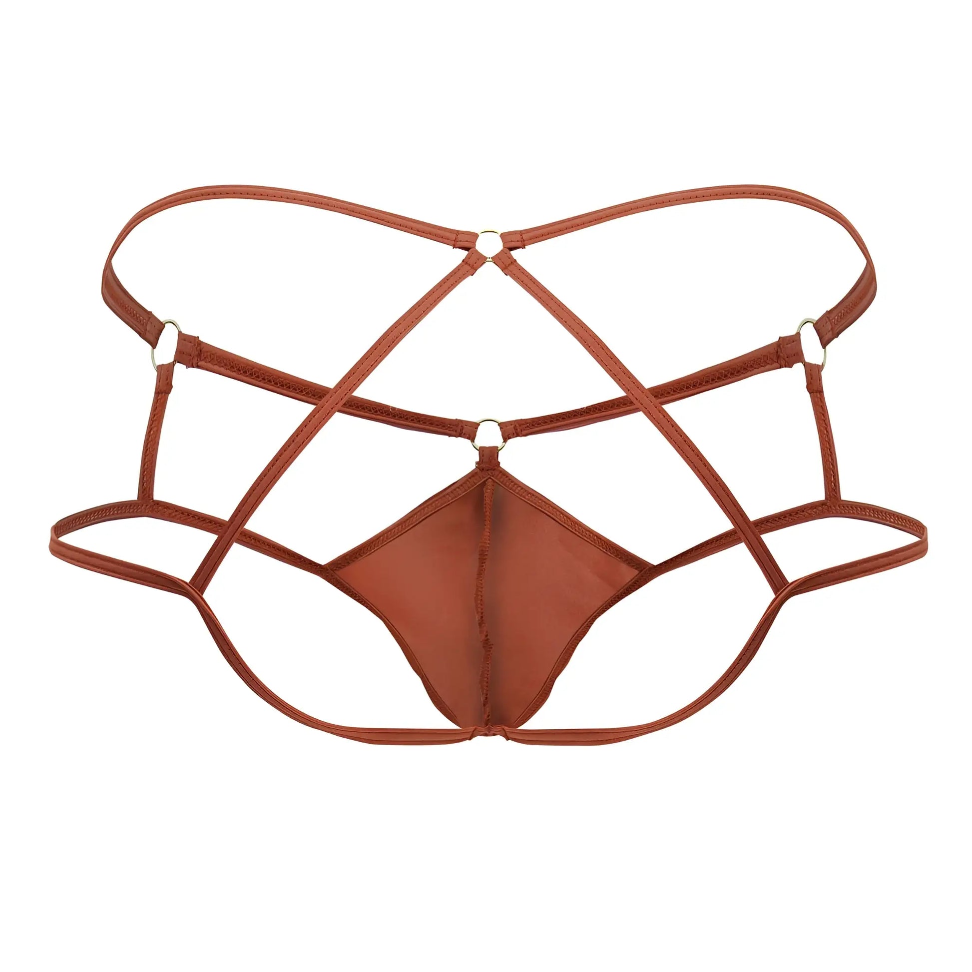 Brown strappy lace-up thong with crisscross design and metallic hardware from candyman 99831 cage jockstrap red