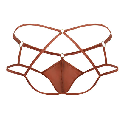 Brown strappy lace-up thong with crisscross design and metallic hardware from candyman 99831 cage jockstrap red