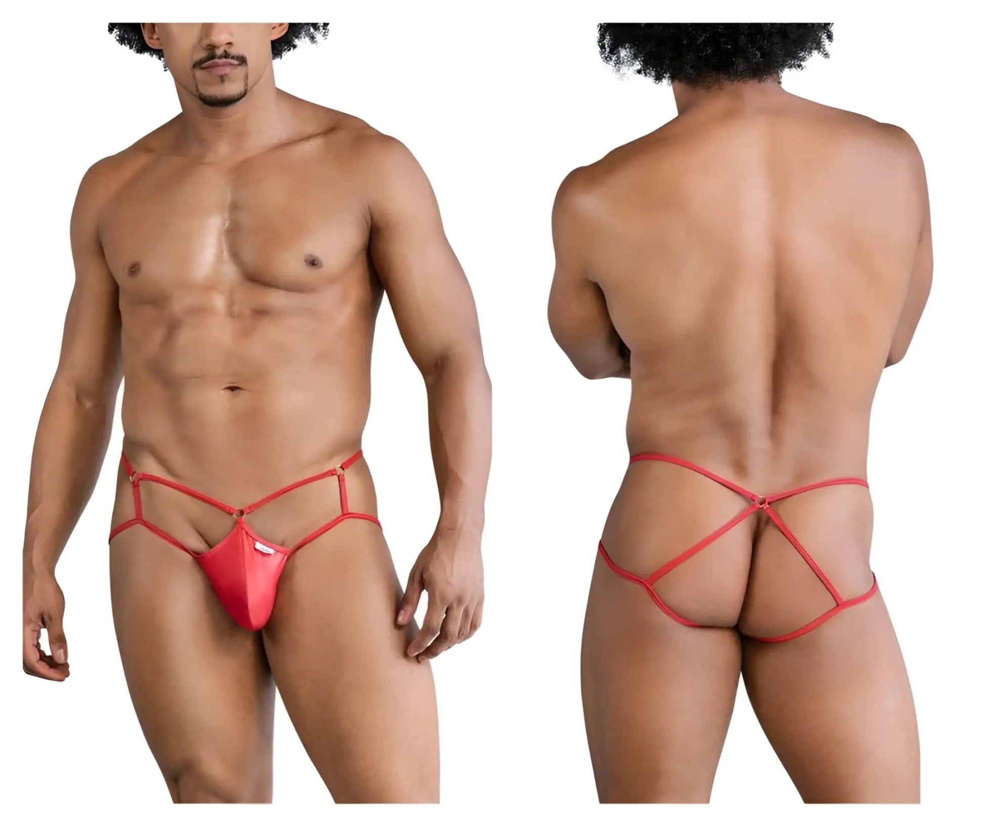 Red shiny latex thong with crisscross design and back strap from candyman 99831 cage jockstrap collection