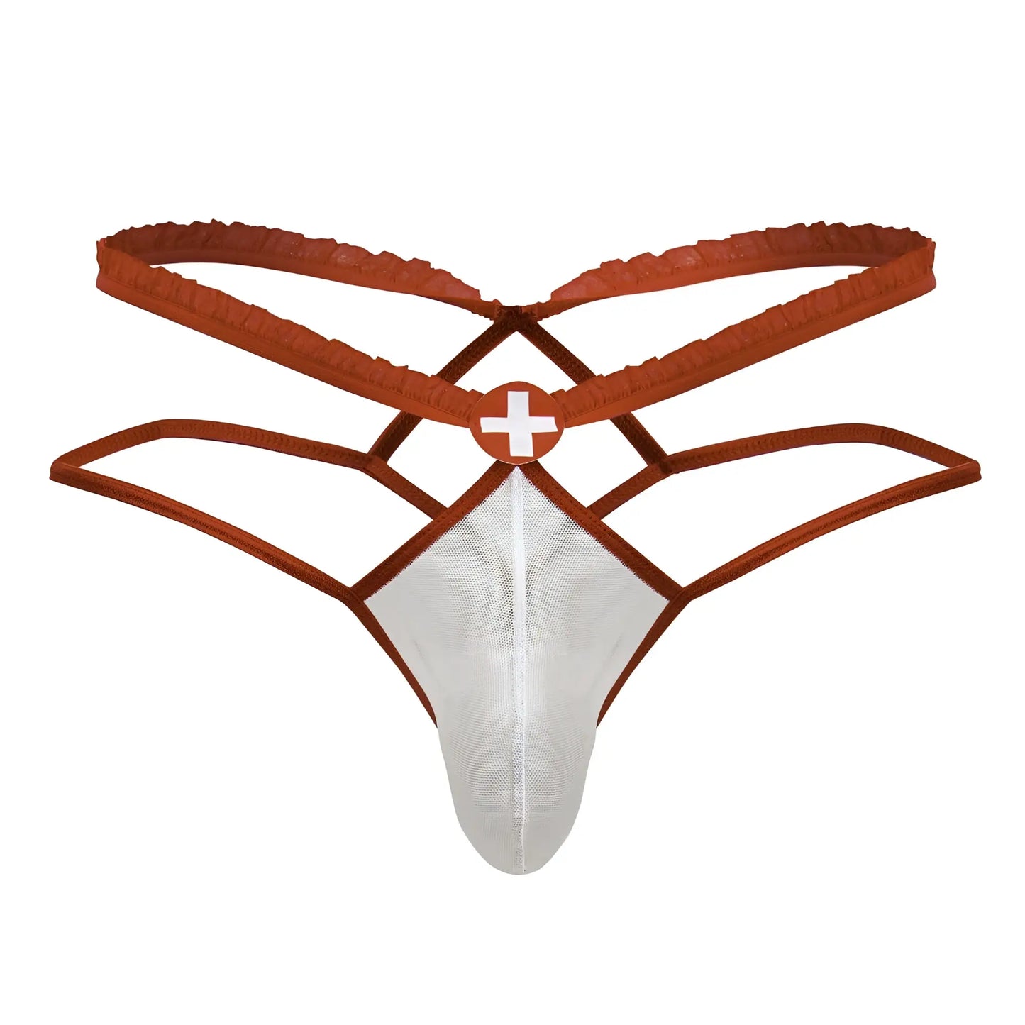 Brown and white medical-themed candy man 99833 murse thong with mesh front panel and crisscross back straps shown from back
