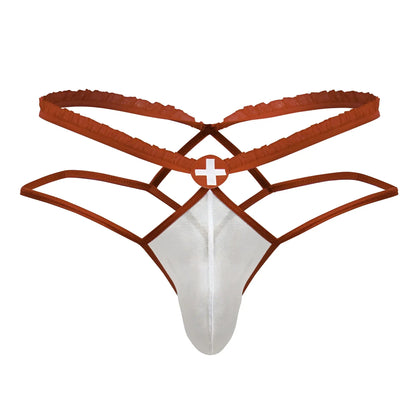 Brown and white medical-themed candy man 99833 murse thong with mesh front panel and crisscross back straps shown from back