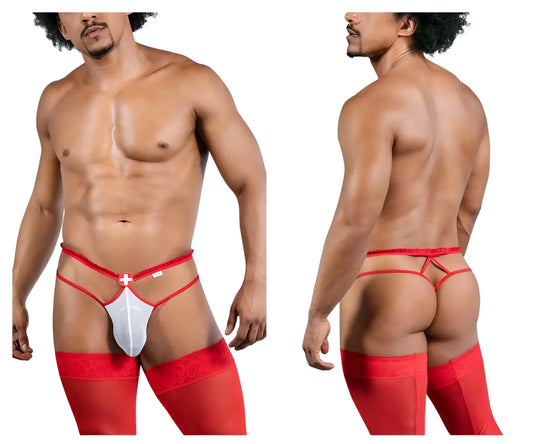 Candyman 99833 red and white lace-trimmed men’s thong with central cross design in red and white