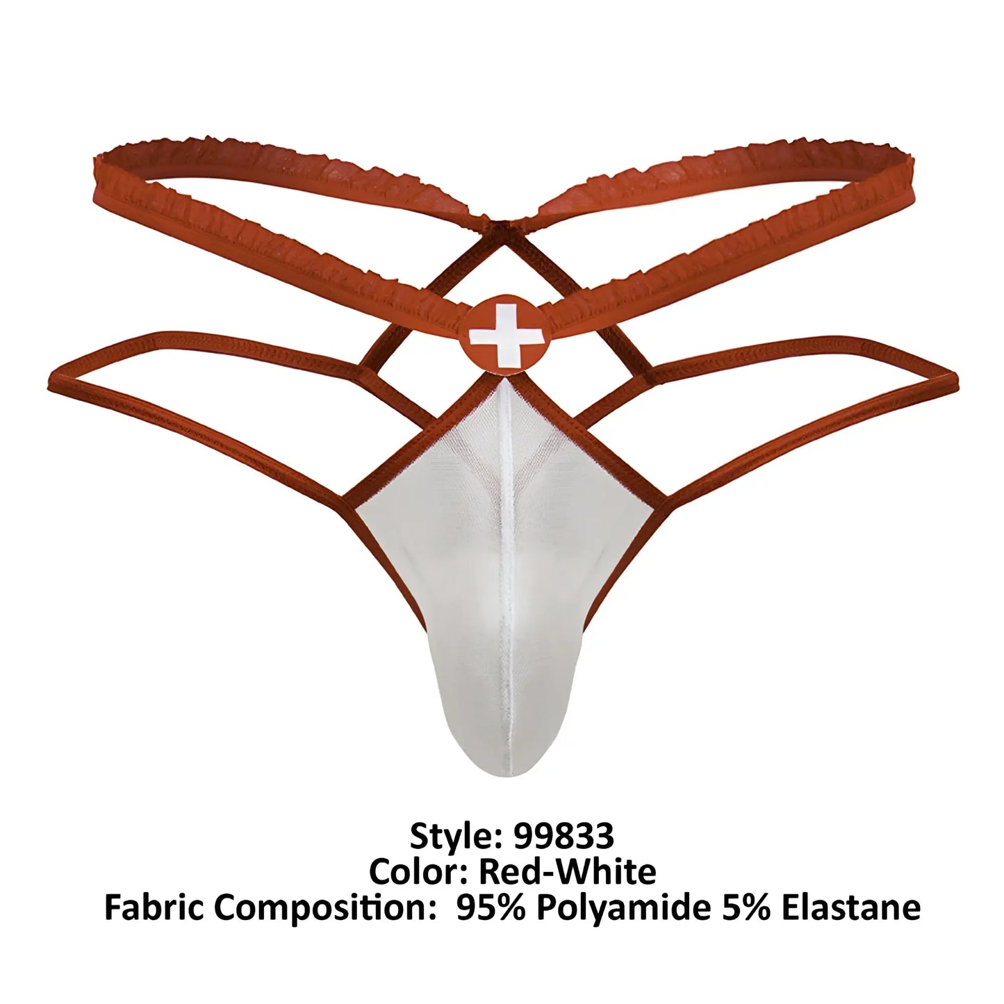 CandyMan 99833 murse thong in red and white with lace trim and crisscross design for medical-themed wear