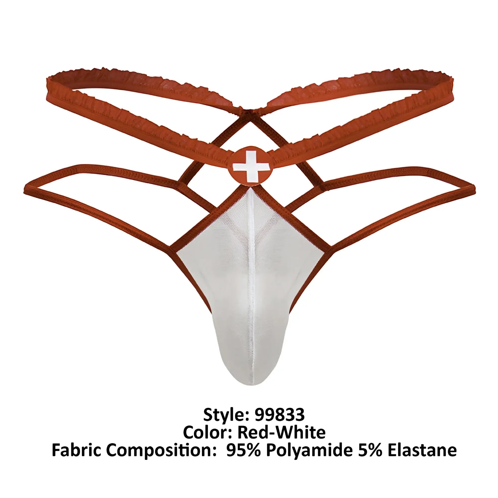 CandyMan 99833 murse thong in red and white with lace trim and crisscross design for medical-themed wear
