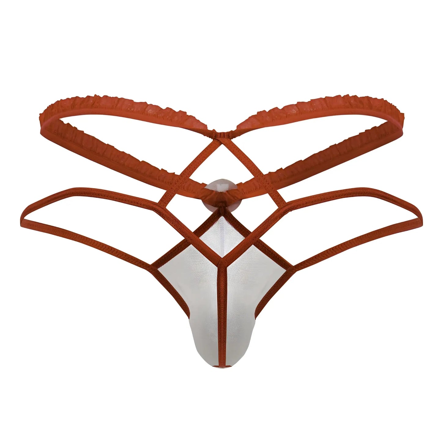 A white mesh candyMan 99833 murse thong with rust-colored elastic straps and a central circular clasp in red-white