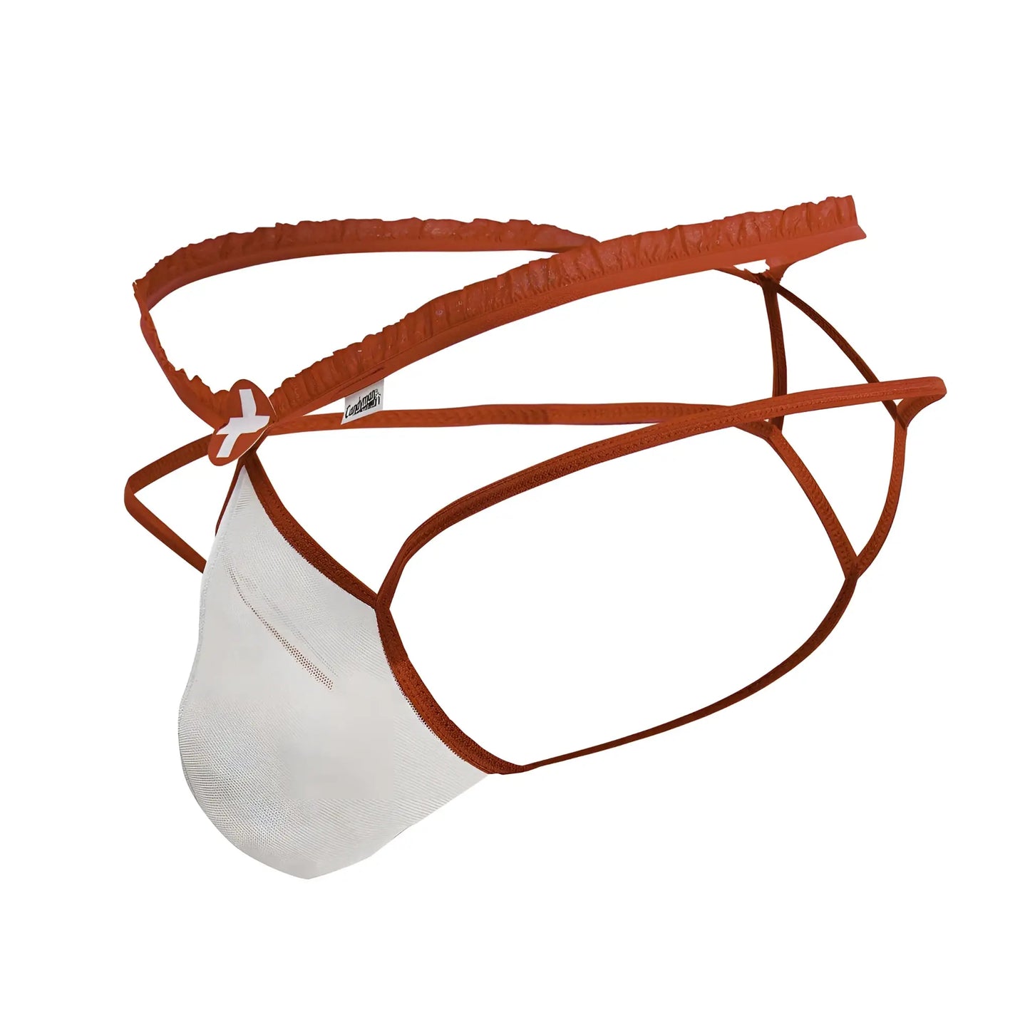Orange and white mesh CandyMan 99833 Murse thong with elastic straps showing the back side in red-white color