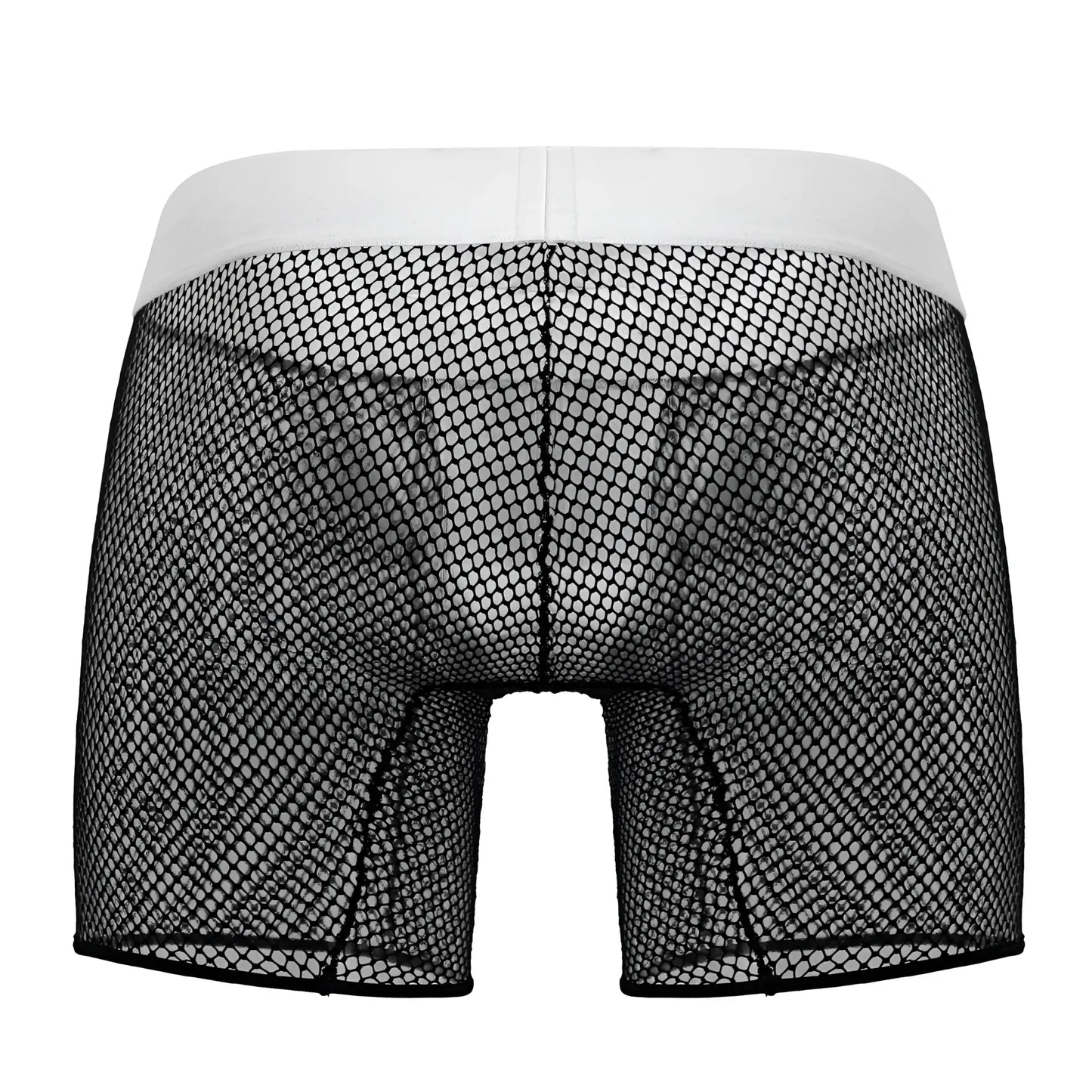 Black mesh boxer briefs with white elastic waistband candyMan 99834 tuxedo trunks in black front view