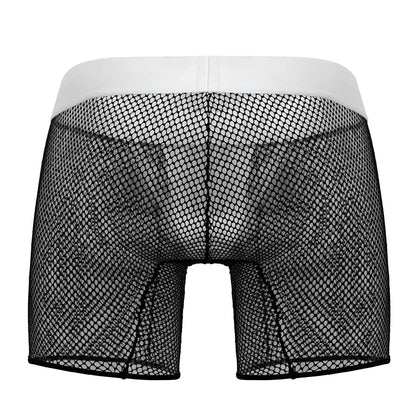 Black mesh boxer briefs with white elastic waistband candyMan 99834 tuxedo trunks in black front view