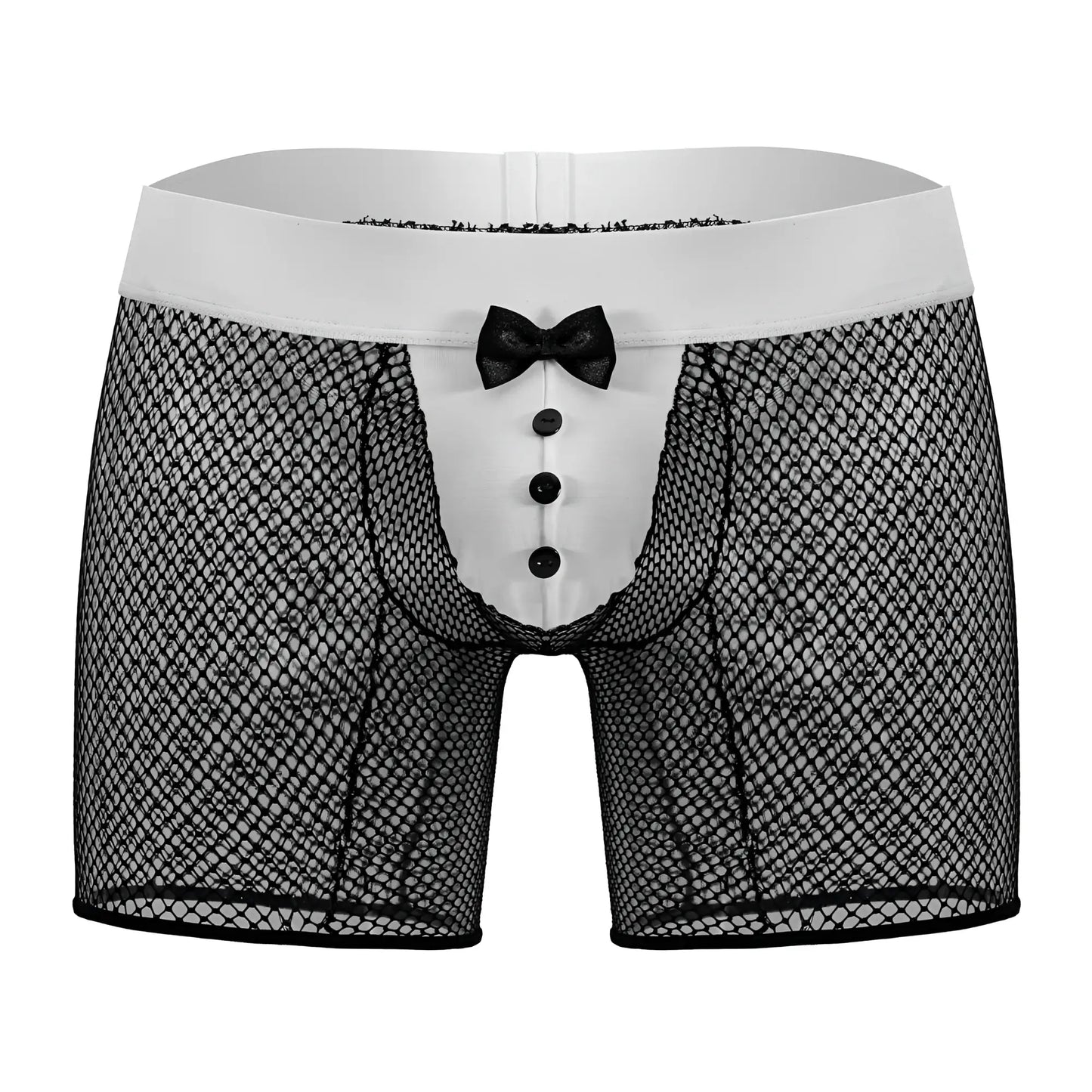 Black mesh boxer briefs with white front panel black buttons and bow tie candyMan 99834 tuxedo trunks color black
